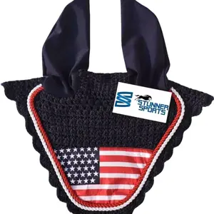 American USA Flag Horse Bonnet with Ears NET Fly Veil MASK Hood Crochet Cotton Hand Made Breathable Full Size Stretchable Ears Equestrians TACK Shows (Full/Horse)