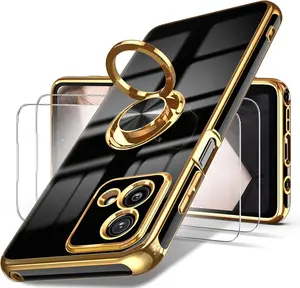 Phone Case for Moto G Stylus 5G 2023 Case, 2X Screen Protector, 360° Rotatable Ring Holder Magnetic Kickstand,Plated Gold Edge Slim Soft TPU Protective Cover for Motorola G Stylus 5G 2023 (Black)
