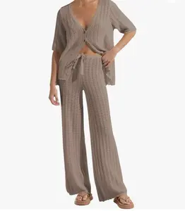 Summer Crochet Knit Cardigan Top & Long Pants Beach Cover Up Set In Khaki Breathable Fabric