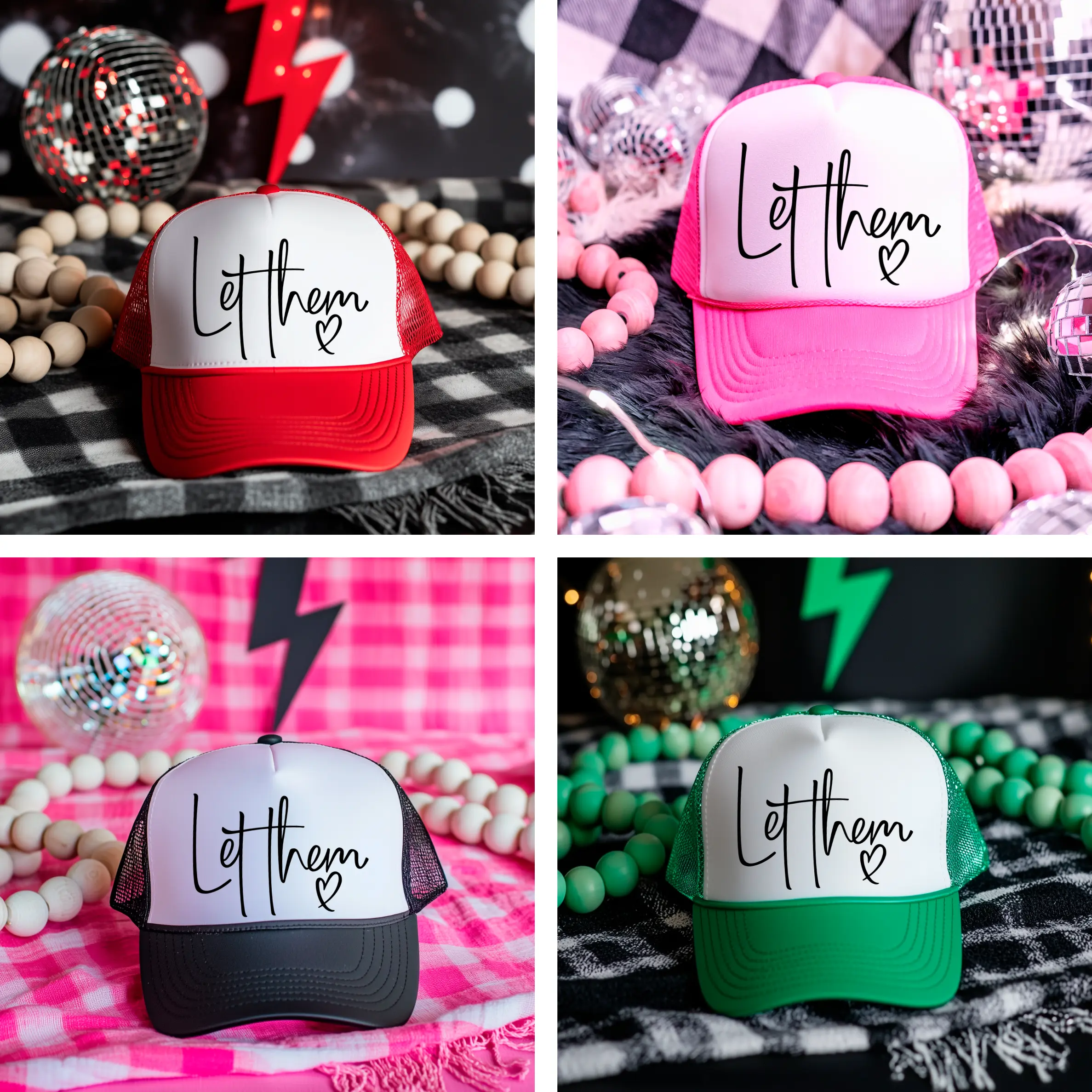 Unisex Softball Trucker Hat - Cute Motivational "Let Them" Script Print, Adjustable One-Size Mesh Snapback Baseball Cap for Busy Moms' Everyday Use