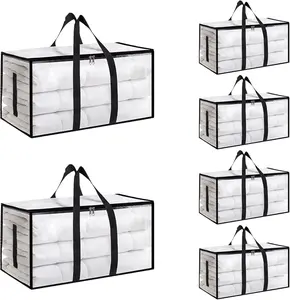 6 Pack-Extra Large Heavy Duty Moving Bags - Waterproof Storage Totes with Handles & Zippers, Foldable for College Dorm, Storage (Clear)