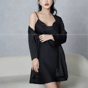 WASHABLE SILK SLEEPWEAR DRESS AND ROBE - BEA IN BLACK