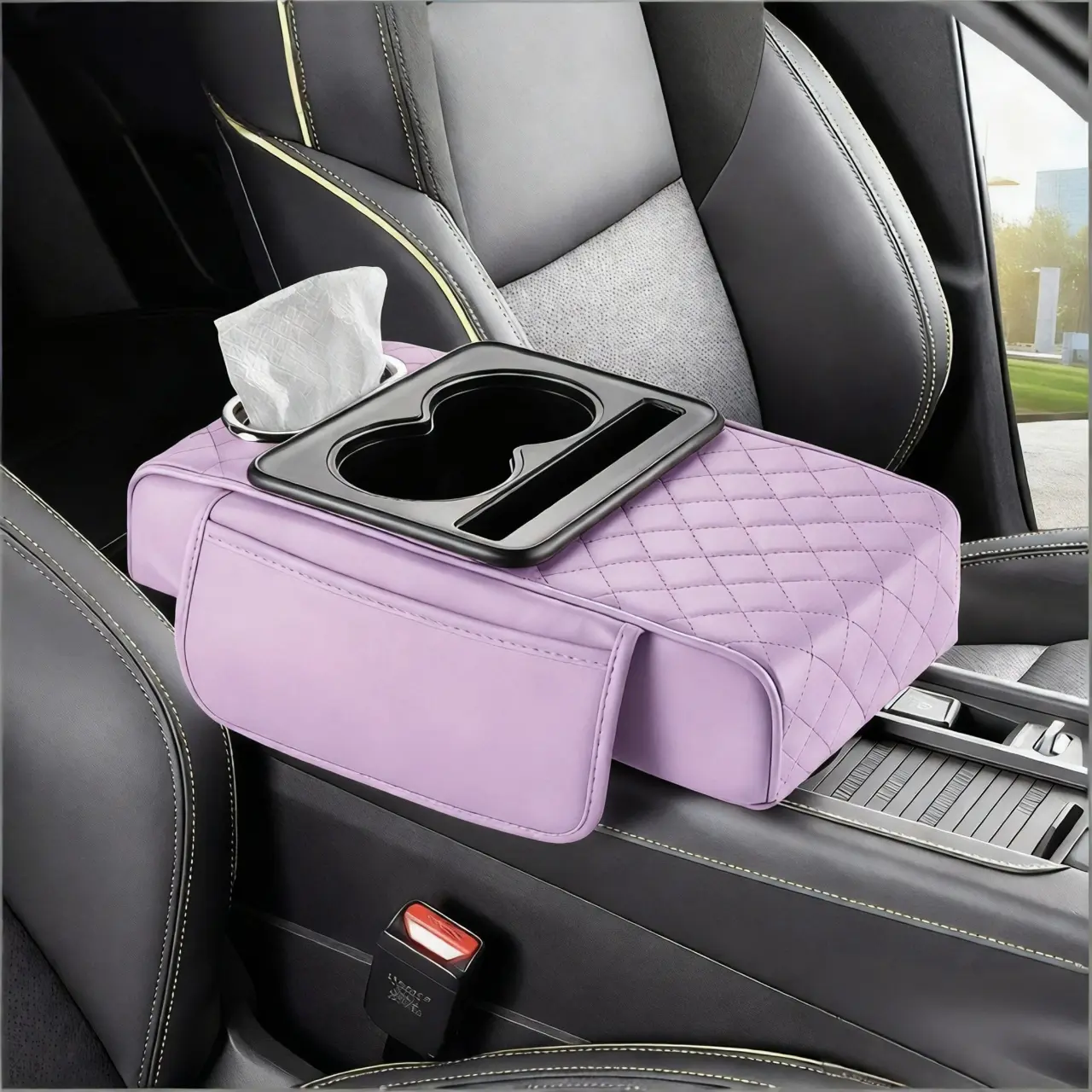 Multifunctional Leather Car Armrest Organizer - Car Interior Storage Box with Cup Holder, Height-Adjustable Elbow Pad, Built-in Tissue Dispenser
