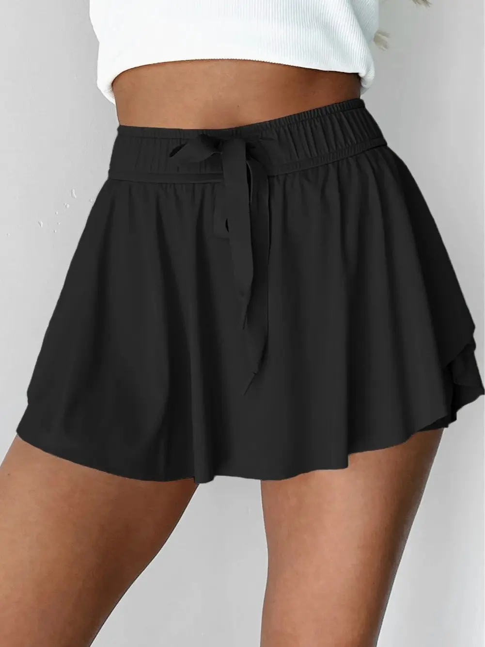 Women's High Waisted Flowy Mini Skirt Casual Solid Flared Skater Skirt with Adjustable Drawstring Tie