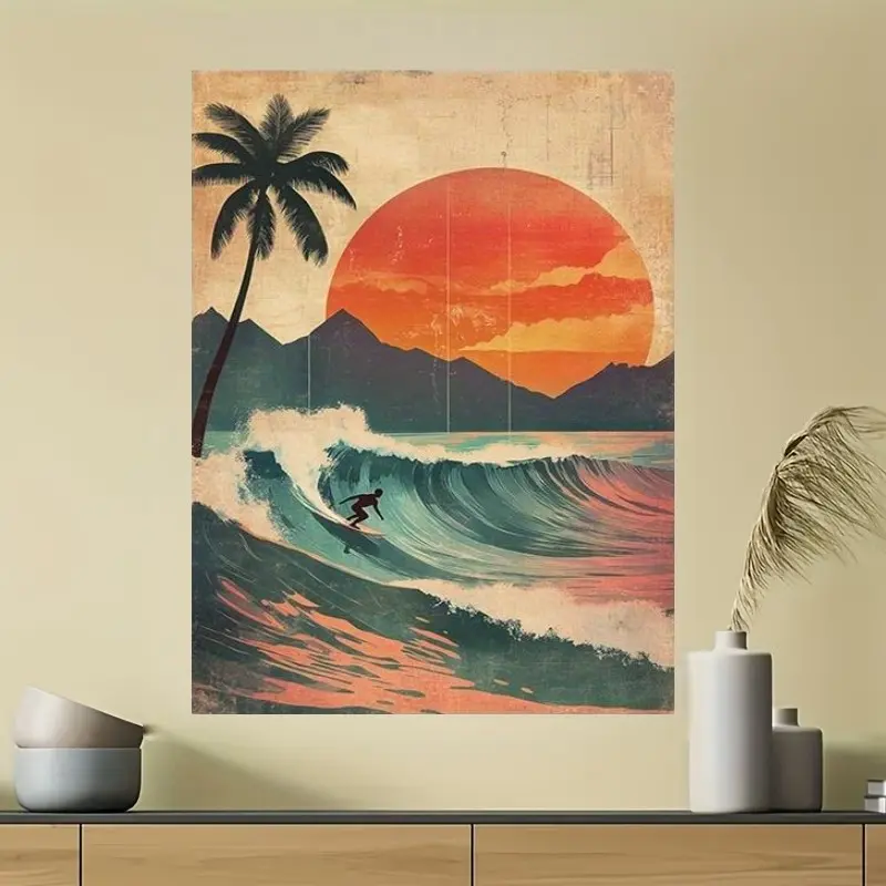 1 Piece Vintage Surf Canvas Poster - Tropical Beach Sunset, Surfer Riding Waves, Ocean Inspired Design, Framed Wall Art, Suitable for Living Room, Bedroom, Office - Beach Theme Decoration, Surfboard Decoration