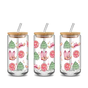 Trendy Disco Cowboy Theme Design 16oz Glass Can Cup with Lid and Straw, Reusable Glass Drinking Cup, High-Quality Glass Jar for Iced Coffee, Hot Chocolate, Juice, Cold Drinks, Retro Disco Western Style Glassware, Perfect Gift for Retro Style Lovers
