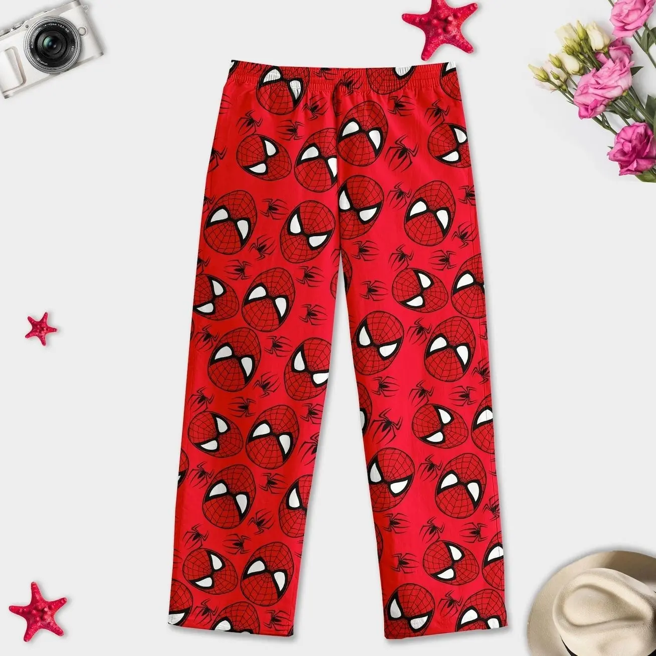 Red Web Hero Cartoon Pajama Pants, Comic Inspired Lounge Pants, Fun Character Sleepwear, Casual PJs for Adults