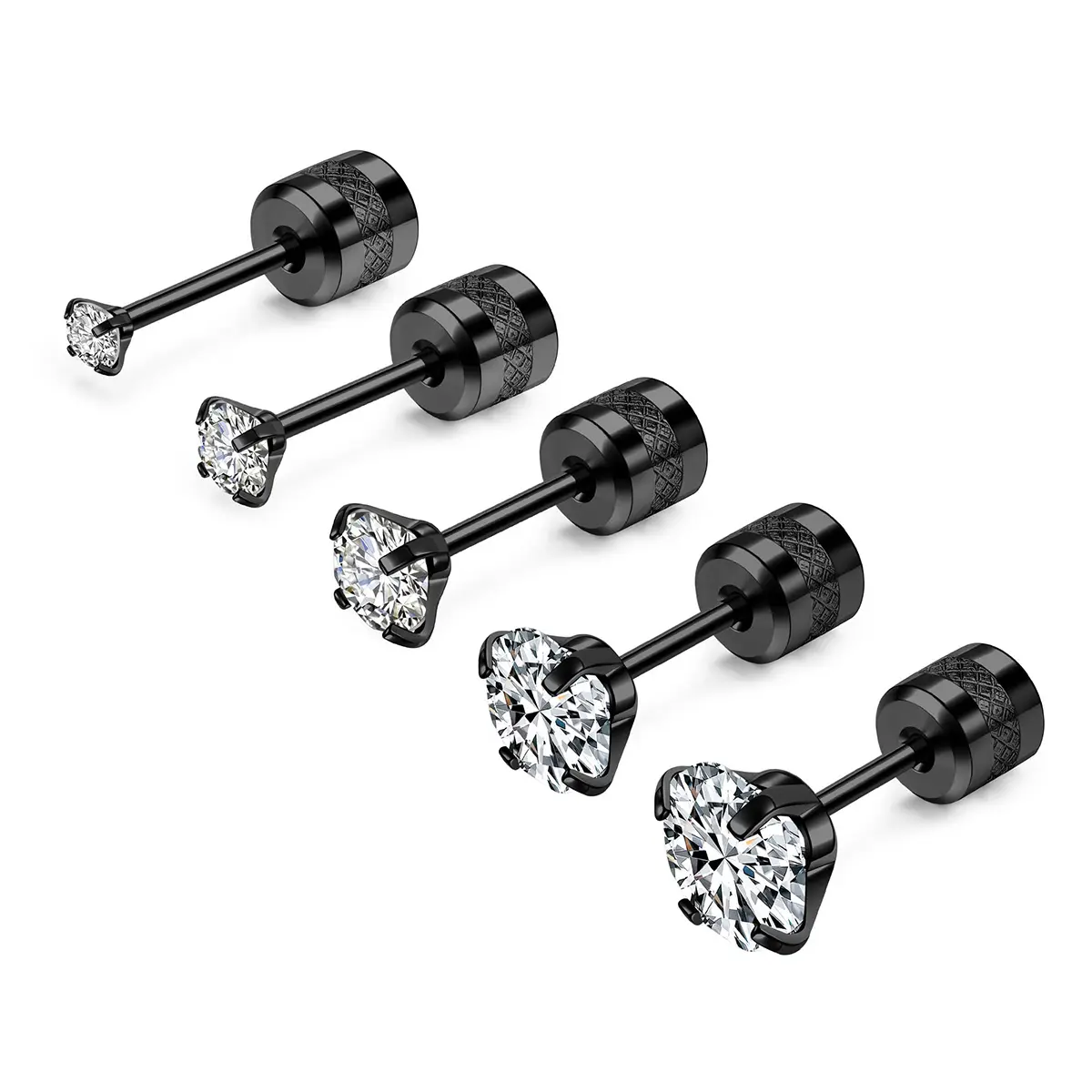 Sparkling Ear Jewelry Set, 5 Pairs Unisex Cubic Zirconia Stud Earrings in Hypoallergenic Stainless Steel, Round 2-6mm for Cartilage, High Quality Earrings, Men’s Earrings