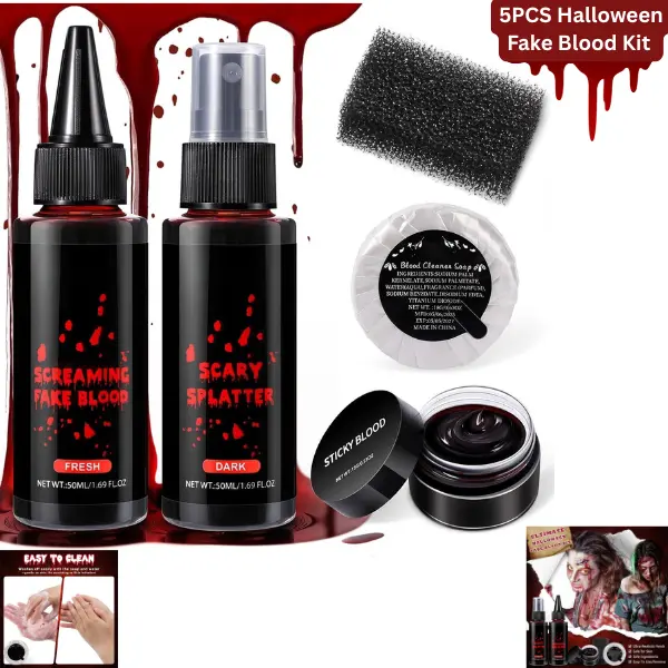 5PCS Halloween Fake Blood Kit: Realistic SFX Makeup Blood Set with Dripping Blood, Dark Spray Blood & Gel Effects | Zombie, Vampire, Horror Costume, Cosplay Makeup & Party Supplies