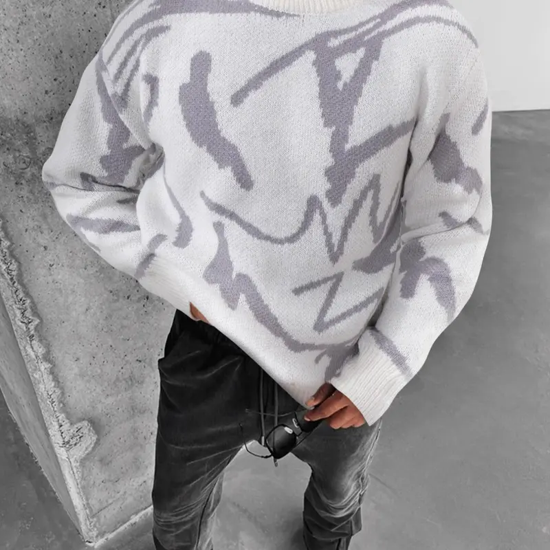 Men's Menswear Geometric Striped Print Drop-Shoulder Knitted Sweater Pullover, Casual Street Loose Comfy Long Sleeve Round Neck Jumper for Fall & Winter, Men's Knitwear for Daily Wear