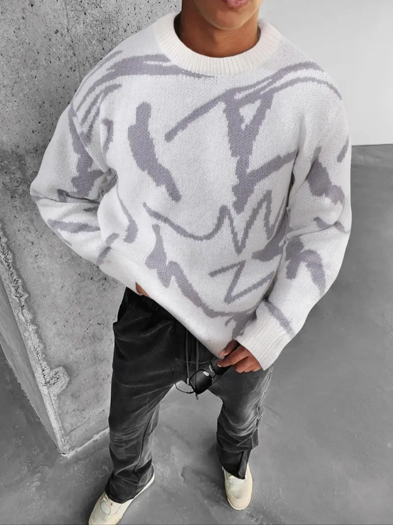 Men's Geometric Print Drop-Shoulder Sweater Pullover, Casual Street Comfy Long Sleeve Round Neck Jumper for Fall & Winter, Men's Knitwear for Daily Wear