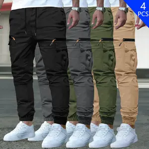 4-Pack Men’s Cargo Pants – Loose Fit, Drawstring Waist, Multiple Pockets, Solid Color — Casual for all seasons, comfortable apparel | Loose pants | Functional pockets Menswear Plain
