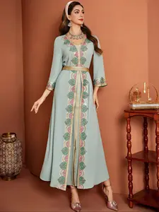 Mint Embroidered Belted Abaya Formal Dress, V Neck Long Robe with Leaf Floral Pattern, Waist Belt, Floral Embellished Abaya, Perfect for Ramadan & Weddings