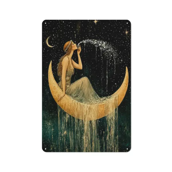 Vintage Moon Goddess Metal Wall Sign, Celestial Starry Night Tin Plaque, Art Nouveau Crescent Moon Decor, Gothic Boho Home Wall Art, Witchy Room Decoration Gift