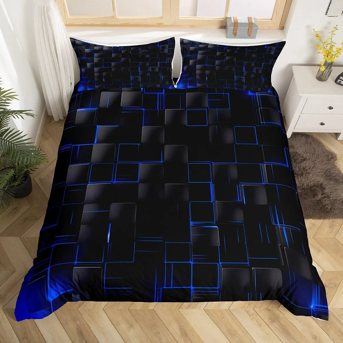 Feelyou Microfiber Bedroom Bedding Set - Breathable Geometric Grid Duvet Cover Set, Royal Blue & Black Checkered Modern Abstract Square Decorative Quilt Cover (No Comforter Included), Breathable Duvet Set