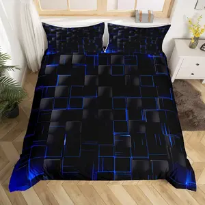 Geometric Grid Duvet Cover,Set,Royal Blue and Black Checkered Bedding Cover,Modern Abstract Check Plaid Square Quilt Cover,No Comforter
