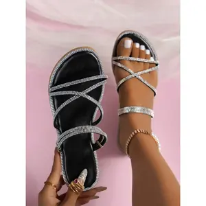 Women's Shiny Rhinestone Decor Roman Flat Sandals, Comfortable Lightweight Breathable Fabric Elegant Sandal, Adjustable Strap Casual Outdoor Sandals, Non-Slip Rubber Sole, Summer Beach Shoes, Glitter Decorated Sandals