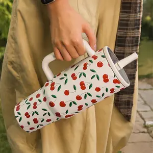 40oz Stainless Steel Reusable Vacuum Insulated Mug Tumbler with Cherry Design, Handle & Straw Lid, Keeps Drinks Hot Cold, Leak-Proof Portable Cup for Travel Office Home Use