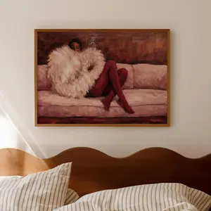 Abstract Fashion Woman In Sofa Pink Ruby Print, Horizontal Above Bed Wall Art, Handdrawn Mid Century Poster P