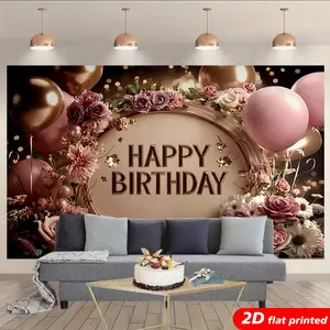 Floral Pink Gold Metallic Rose Photo Tapestry Wall Hanging, 2D Flat Printed Backdrop Banner, Women’s Birthday Party Gift, Aesthetic Home Room Decor, Proposal Day Curtain with Golden Balloon,summervibes