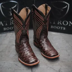 080 Mens Ostrich Embossed Cafe Patron Western Boots Cowboy Square Toe Rancho Leather Sole Botas Vaqueras Cowhide