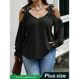 Plus Size Solid Color Contrast Lace Cold Shoulder Blouse, Plus Size Elegant Bishop Sleeve Top for Women, Women’s Plus Size Clothing for All Seasons, WomenswearGARMENTARY
