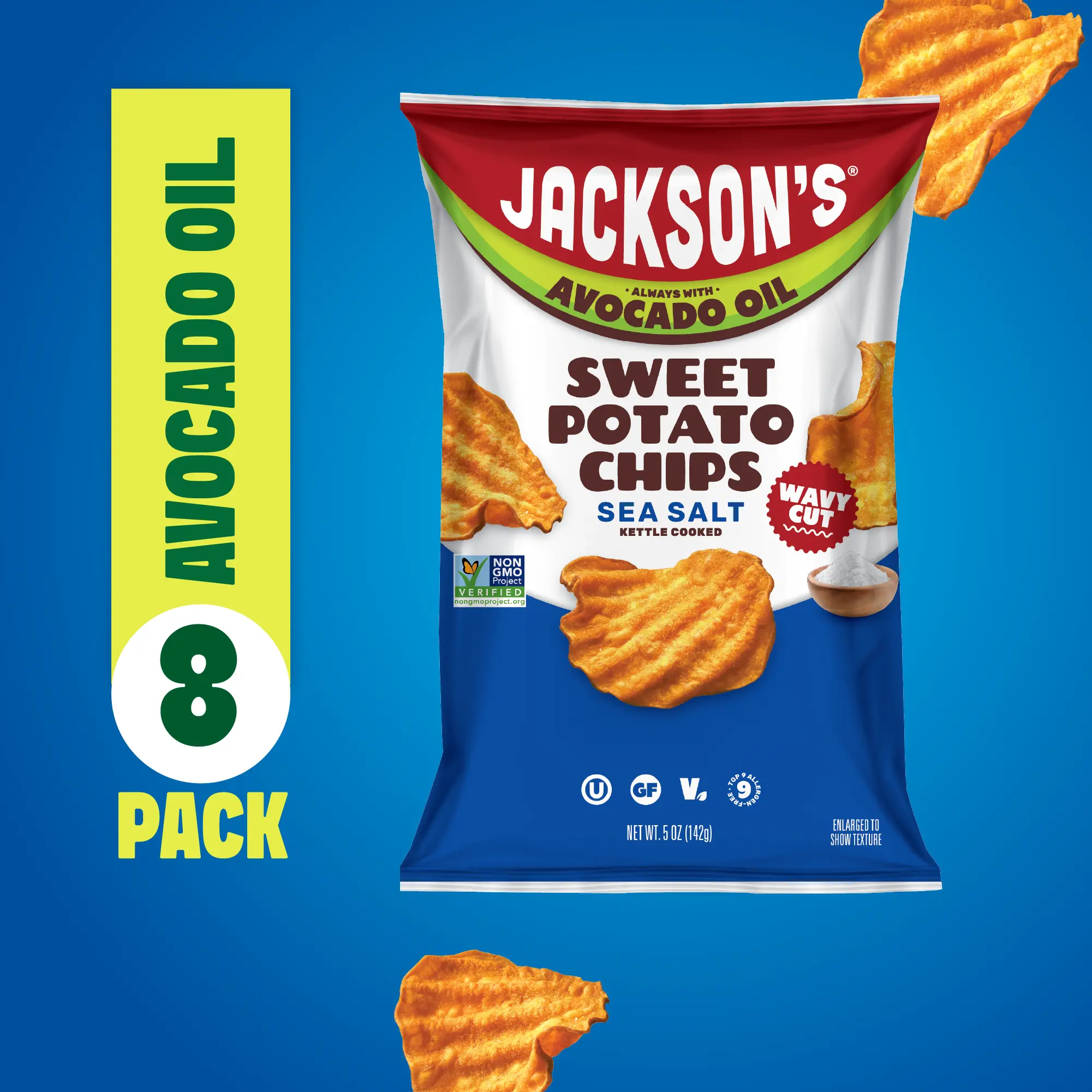 Wavy Sea Salt Sweet Potato Chips in Avocado Oil 5oz (Pack of 8) - Allergen-friendly, Gluten Free, Peanut Free, Vegan - Shark Tank Product