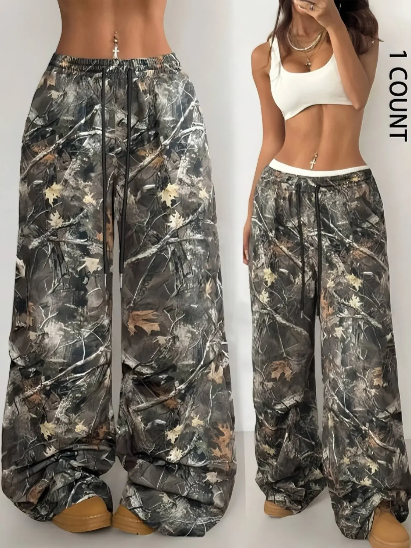 Fall Leaf Camo Wide-Leg Pants, Casual streetwear pants | Oversized Drawstring Bottoms – 2025 TikTok Viral Dark Coquette Aesthetic! Moody Nature Print, Comfy Relaxed Fit Perfect for #OOTD. Stylish for Brunch, Hangouts or Layering – Bold Statement