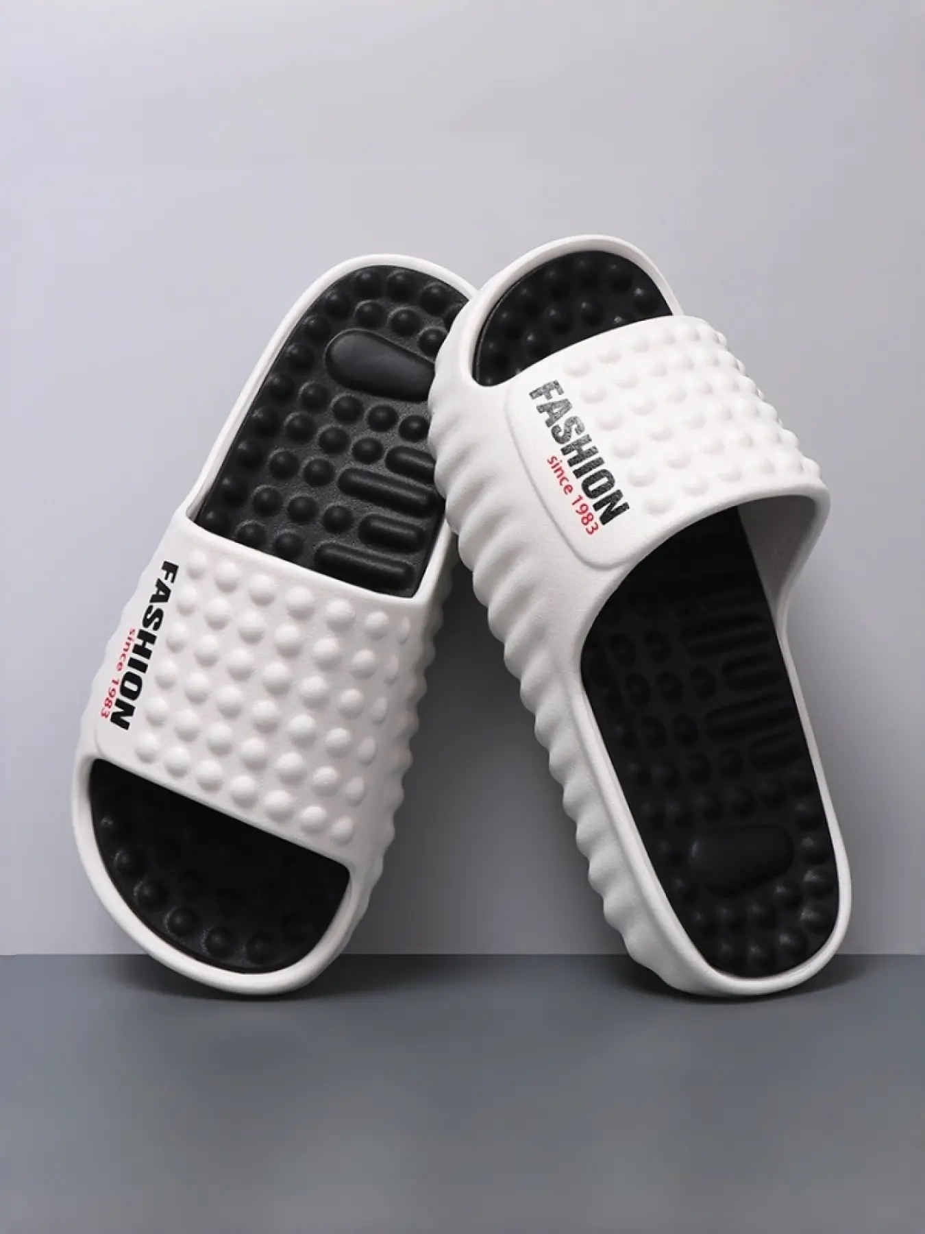 Unisex White-Black Massage Slides: Thick Shock-Absorbing Sole, Summer Outdoor Beach Slippers