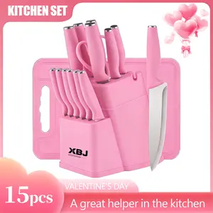 XBJ Premium 15-Piece Stainless Steel Kitchen Knife Set (with Built-in Sharpener): Including Chef's Knife, Japanese-Style Knife, Meat Cleaver, Bread Knife, Steak Knives and Scissors. The plastic handles are washable, making it an ideal gift choice. Block