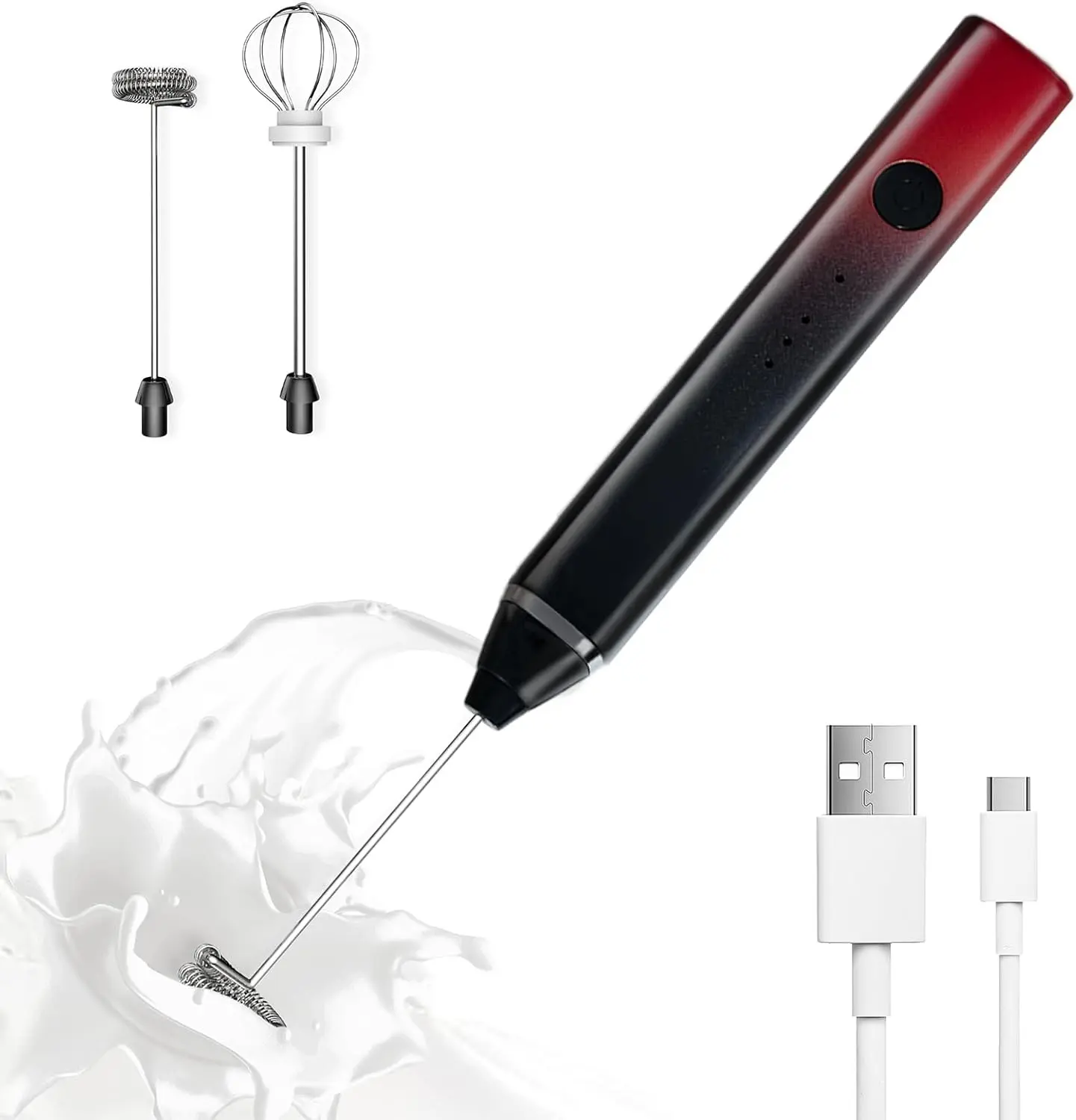 Rechargeable Handheld Electric Milk Frother Mixer 3 Speed Adjustable Foam Maker with 3 Stainless Whisks for Coffee Matcha Latte Cappuccino Hot Chocolate Black Red