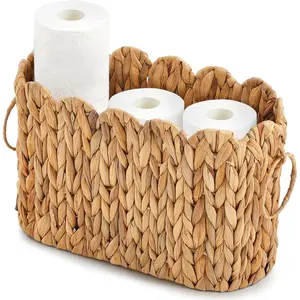 Yalikop Wicker Toilet Paper Storage Basket Large Scallop Edge Water Hyacinth Narrow Wicker Baskets for Toilet Paper up to 9 Mega Rolls for Bathroom Accessories Organizer Storage