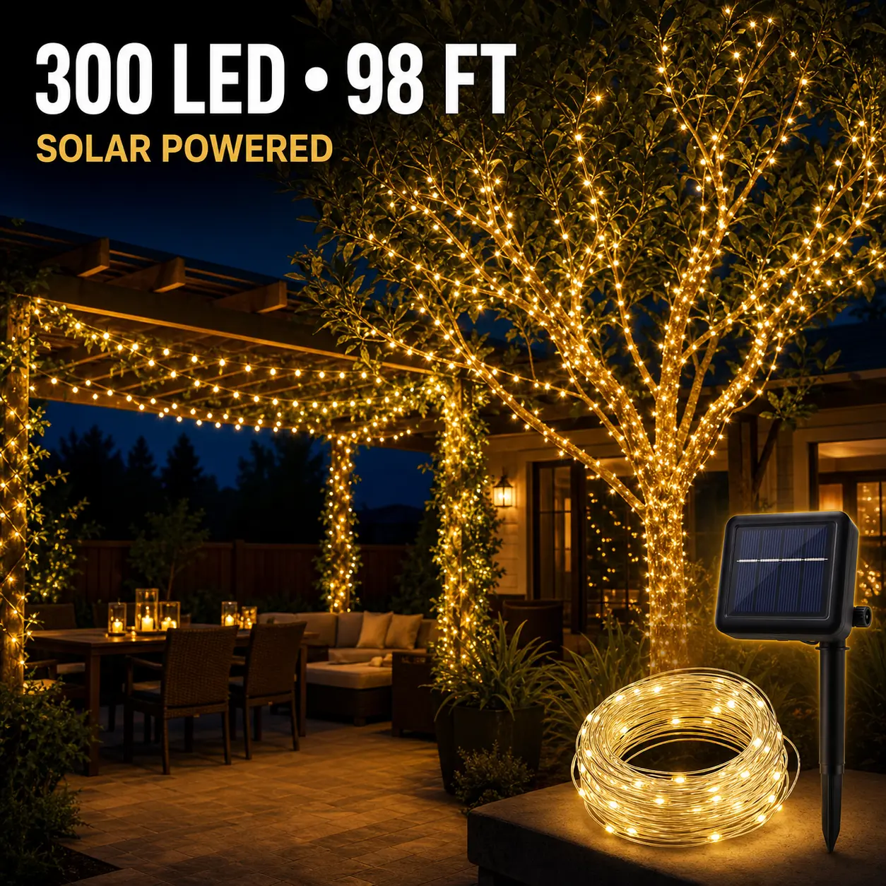 Solar LED String Lights (2pcs), 30m 300LED Waterproof Transparent PVC Plastic Deco Lighting, Warm White, 2m Lead Wire, Safe Voltage (AC220V-240V Input/DC31V Output), Power Adapter Included (1x String Light,1x Adapter) for Garden,Wedding Fest Decorations
