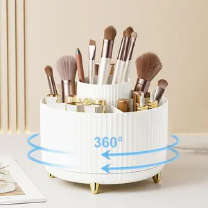 360 Rotating Makeup Brush Holder, Desktop Makeup Organizer, 5 Slot Make Up Brushes Cup Rotating Organizer for Perfume Skincare Cosmetics Desk Organizer and Accessories for Vanity White