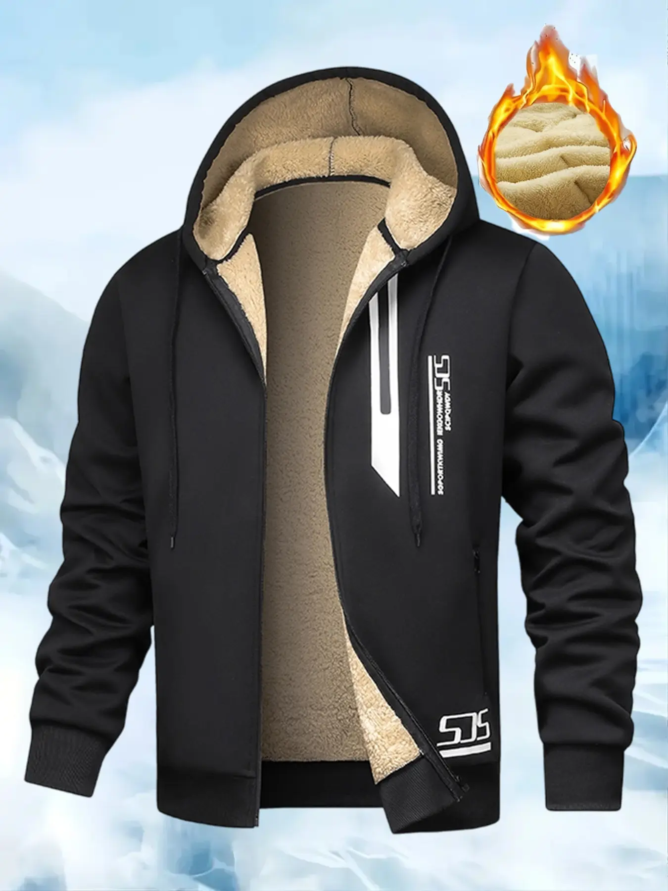 Men’s hooded zip up fleece lined sweat jacket. Soft plush inner lining keeps warm, adjustable drawstring hood, stylish graphic print, zipper pockets for daily casual winter outfits.