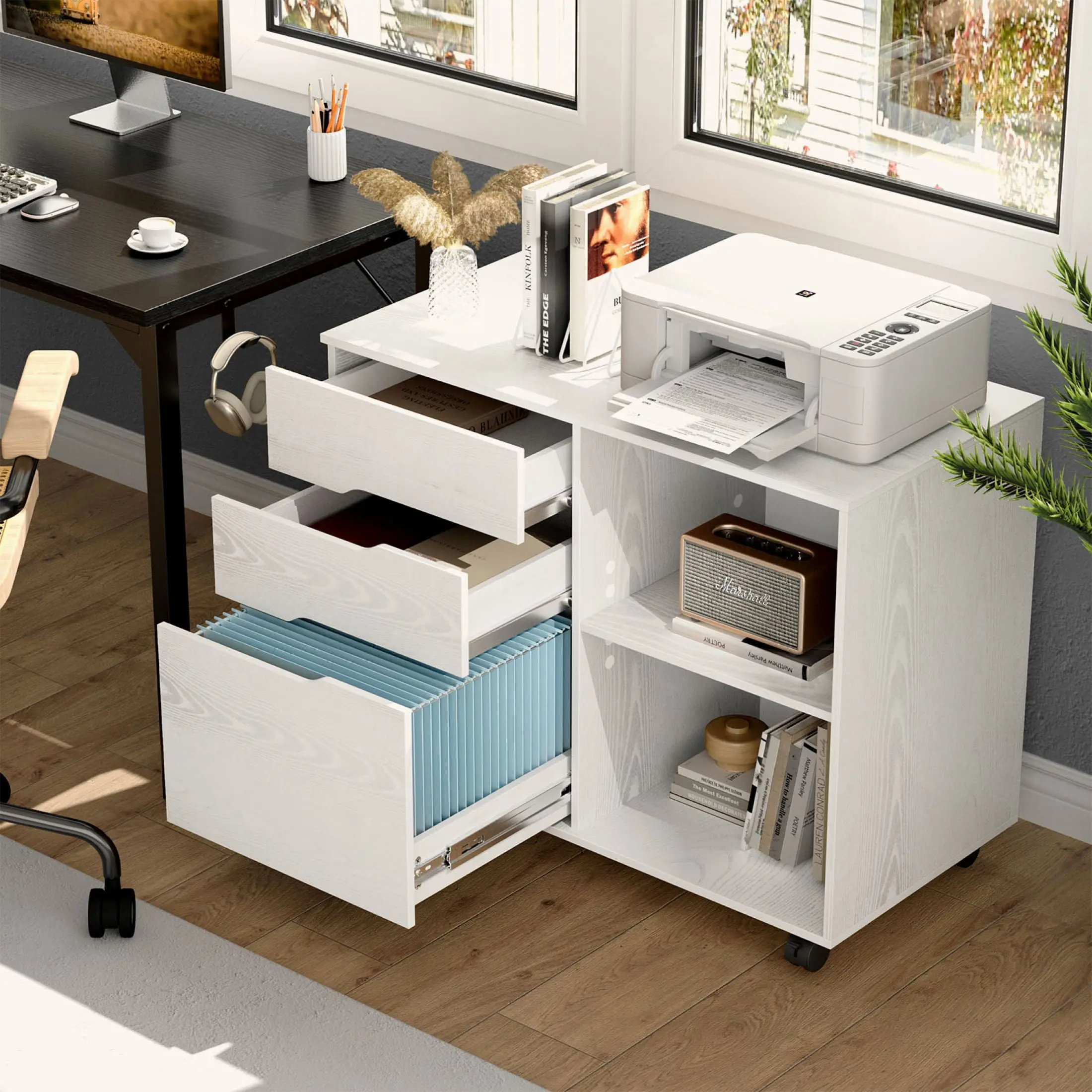 Gianna 3 Drawer File Cabinet with Wheels, Rolling Wood Printer Stand with Open Storage Shelves, Home Office Filing Cabinet, Mobile Office Storage Organizer