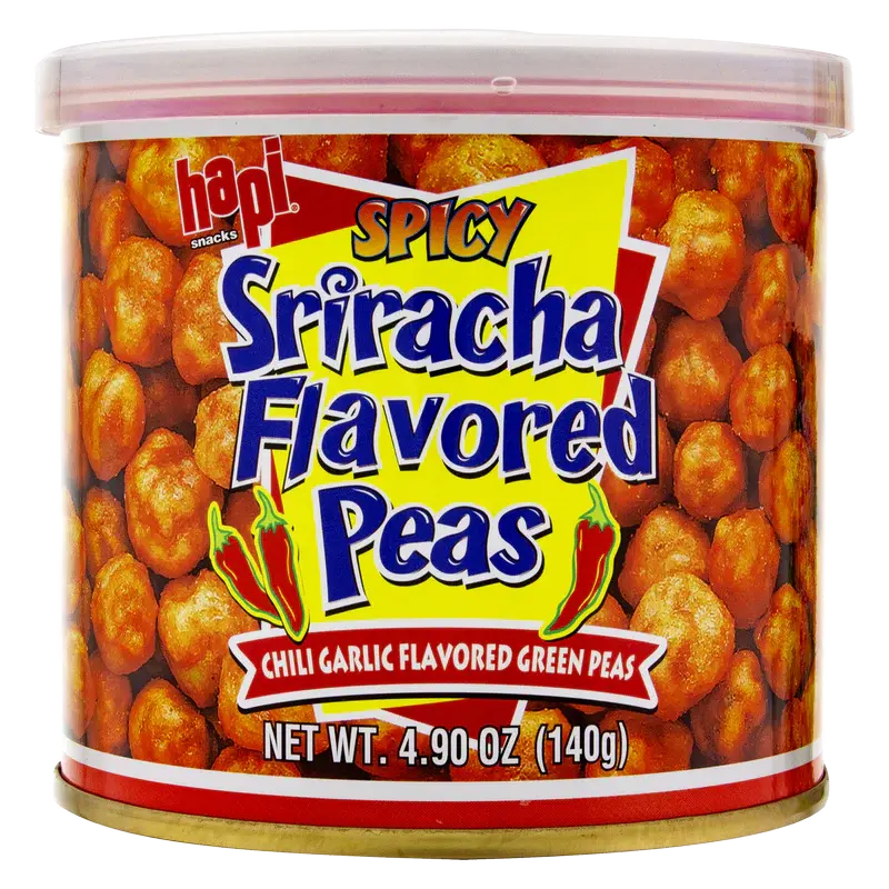 Hapi Snacks Crunchy Spicy Sriracha Flavored Peas, Made with Tapioca Starch & Glutinous Rice Flour, 4.9 oz Ambient Cupboard Snack, No Artificial Flavoring