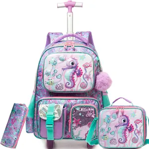 Kids' Rolling Backpack Girls' Style Seahorse Pattern with Rolling Suitcase Backpack Lunchbox & Pencil Case for Primary School Students Multi-Functional Pockets Travel Backpack Purple outdoorfun