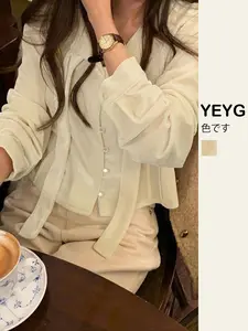 Spring and Autumn Casual Solid Color Blouse for Women, Short Sleeve Regular Fit Collarless Shirt, Commuter Style Top