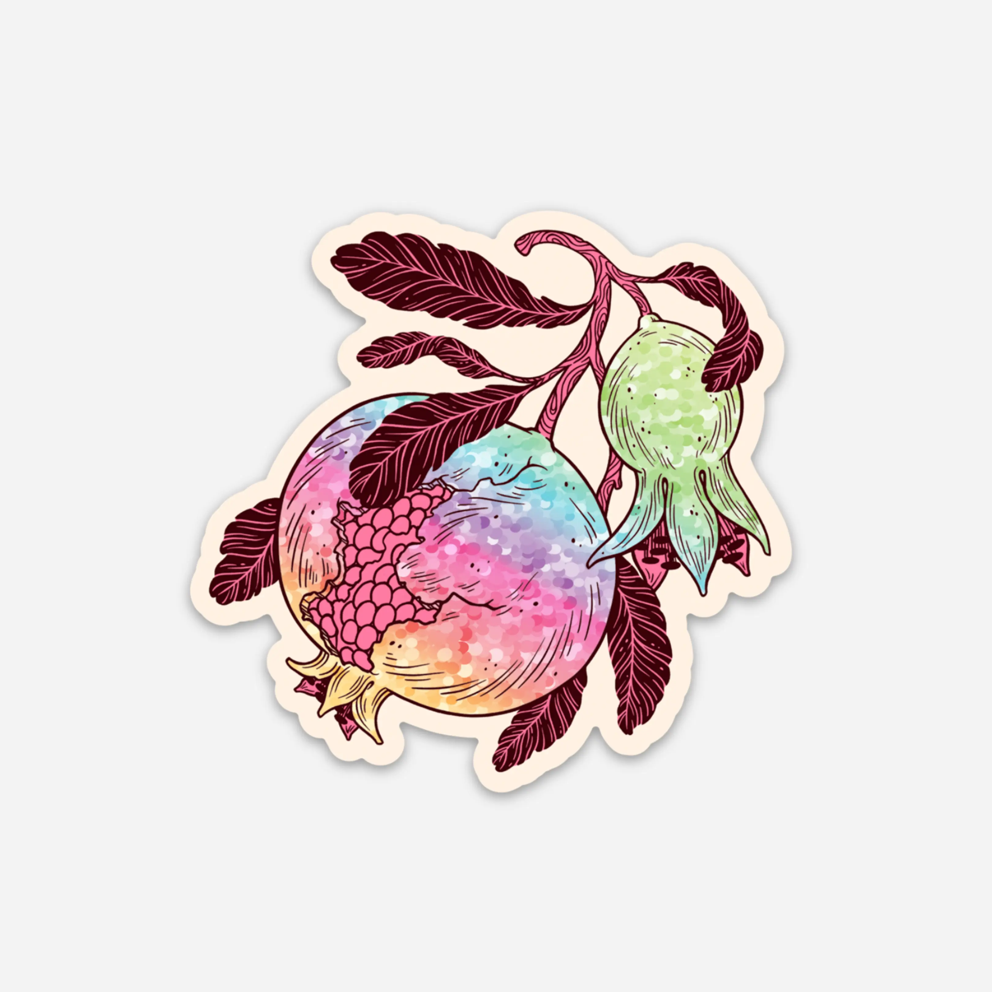 Pomegranate Sticker - Glitter Rainbow Stickers - 2.3x3" Vinyl - Sparkle, Holographic, Shiny - Great for Water Bottle, Laptop, Notebook - Cute, Nature, Fruit, Leaves  - Water-proof & Scratch-proof, Durable