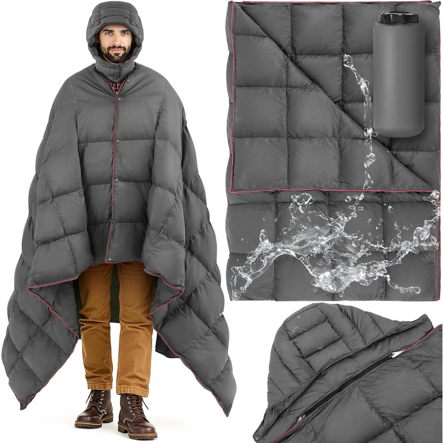 Upgraded Hooded Down Camping Blanket Waterproof 650 Fill Puffy Poncho Blanket 77" x 50" Packable Wearable Sleeping Bag with Detachable Hat Outdoor Stadium Camping, 1.36 lb(Grey)