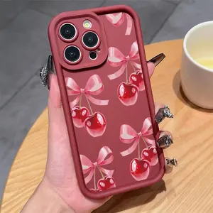 Burgundy Bow & Cherry Pattern Design — TPU Shockproof, Full-Coverage Protective Case for iPhone 11/12/13/14/15/16/17 Pro Max