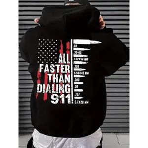 Men's Letter & Flag Print Drop Shoulder Long Sleeve Hoodie, Casual Regular Fit Graphic Drawstring Kangaroo Pocket Hooded Sweatshirt for Daily Holiday Outdoor Wear, Men Clothes for Spring & Fall