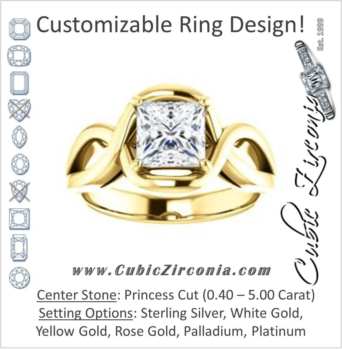 Cubic Zirconia Engagement Ring- The Maude (Customizable Cathedral-raised Princess Cut Solitaire with Ribboned Split Band)