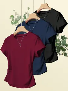 3-Pack Women's Solid Color Round Neck Short Sleeve T-Shirts, Slim-Fit Casual Tops, All-Season Wear