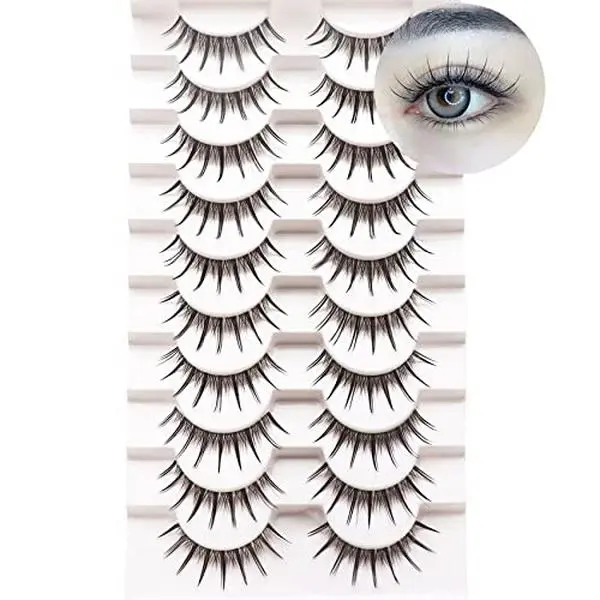 Losha Lashes Manga Lashes Natural Look Wispy False Eyelashes with Clear Band 10 Pairs Faux Mink Lashes Look Like Individual Cluster Lashes (Babi)