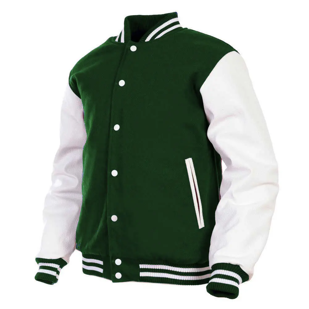 Men’s Stylish Casual Varsity Baseball Coat, Menswear, Long Sleeve, Faux Leather Sleeves, Wool Body, Embroidery Handmade Detail, Button Fastening, Inner Pockets, Green/White