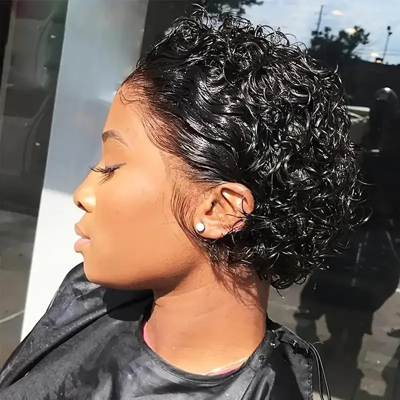 Pixie Cut Human Hair Wigs for Black Women13x4 Lace Frontal Wigs For Women Short Curly Bob Wigs 150% Density Real Natural Hairline Short Pixie Curly Wigs Natural Black Color