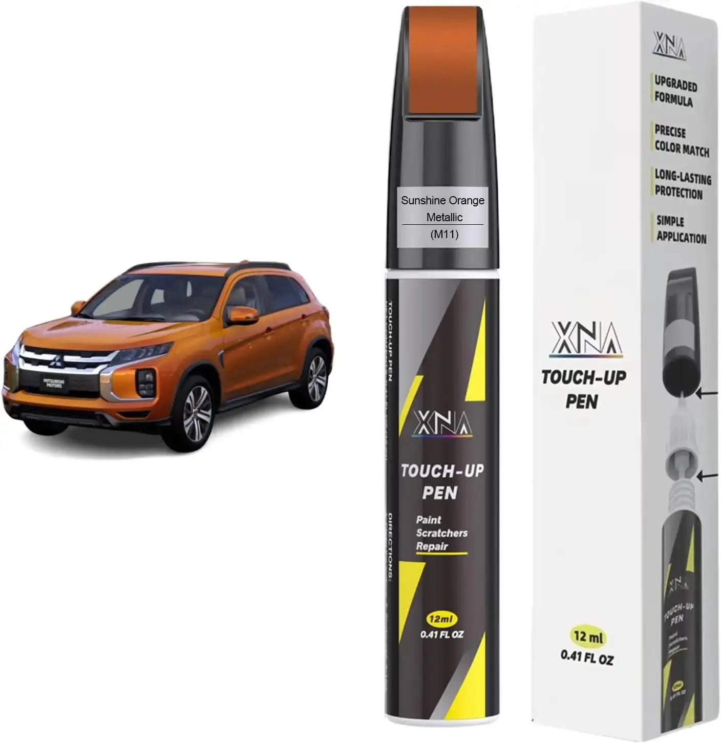 Sunshine Orange Metallic (M11) Paint Pen for 2020 Mitsubishi Outlander/2, 2-in-1 Automotive Metallic Paint Scratch Repair Tool with Pen Tip Brush, Precise Color Match for Chips & Nicks Fix