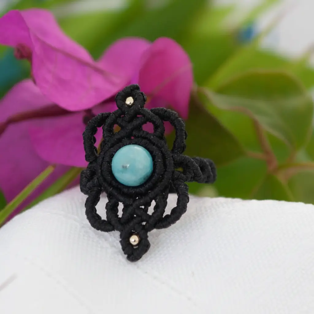 Bohemian Macrame Ring - Black with Amazonite & Brass Accents